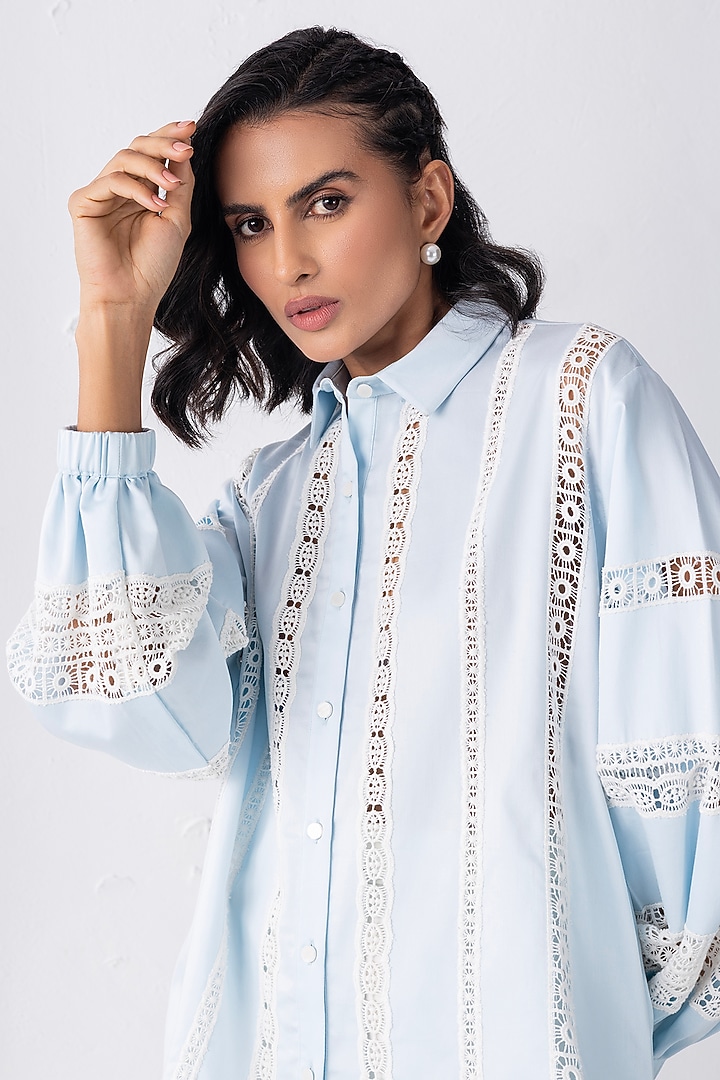Sky Blue Cotton Patchwork Shirt by PEHR ARORA at Pernia's Pop Up Shop