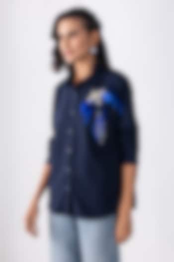 Navy Blue Acetate Motif Hand Embroidered Shirt by PEHR ARORA at Pernia's Pop Up Shop