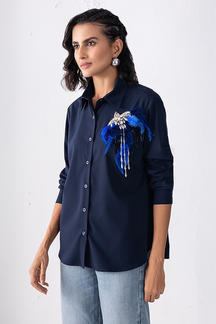 Navy Blue Acetate Motif Hand Embroidered Shirt by PEHR ARORA at Pernia's Pop Up Shop
