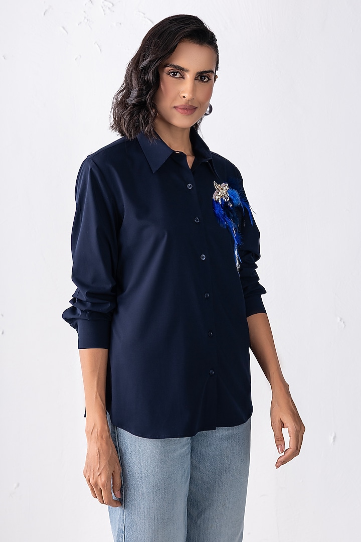 Navy Blue Acetate Motif Hand Embroidered Shirt by PEHR ARORA at Pernia's Pop Up Shop