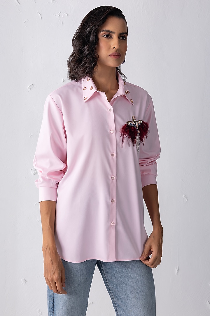 Baby Pink Cotton Motif Embroidered Shirt by PEHR ARORA at Pernia's Pop Up Shop