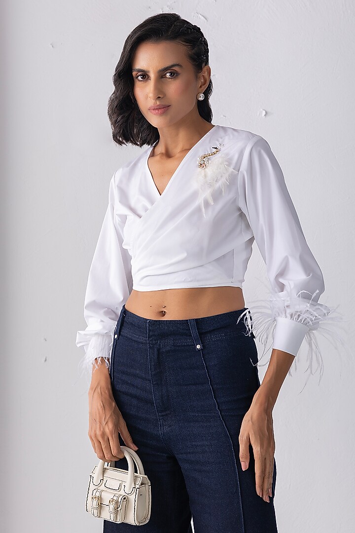 White Acetate Feather Motif Shirt by PEHR ARORA at Pernia's Pop Up Shop