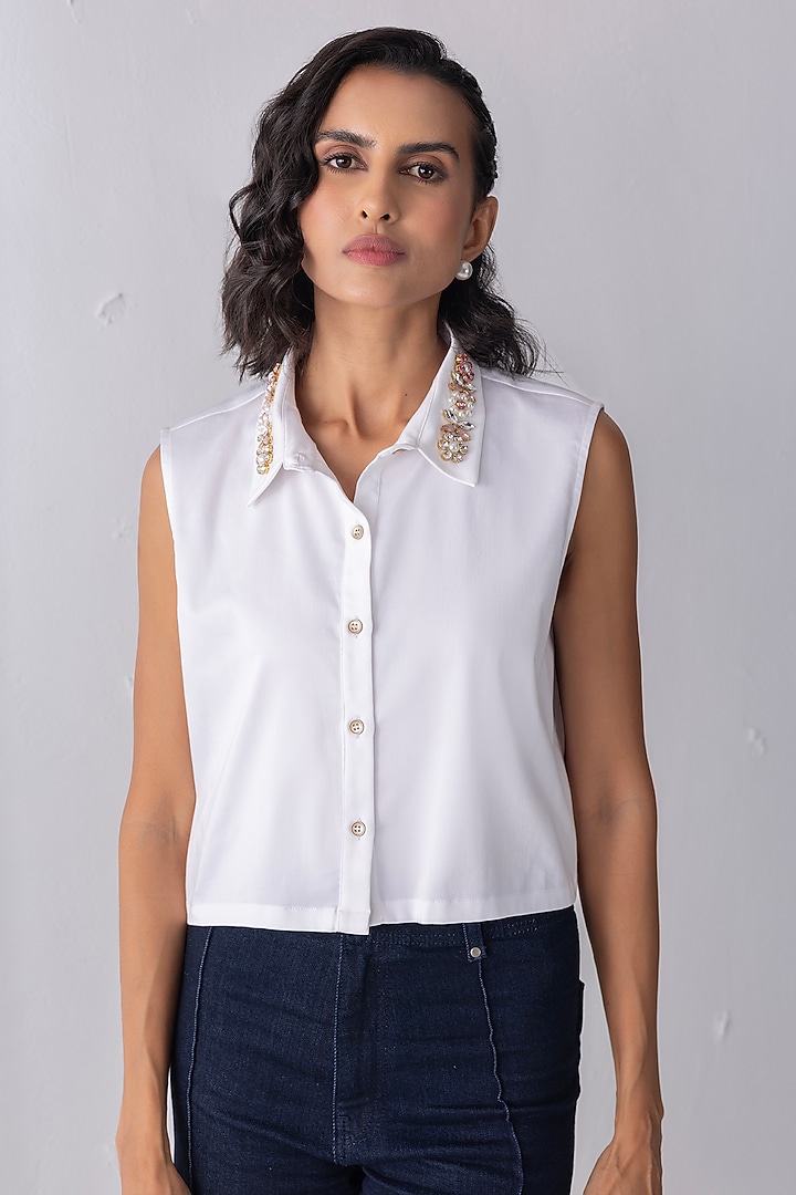 White Cotton Stone Embroidered Cropped Shirt by PEHR ARORA at Pernia's Pop Up Shop