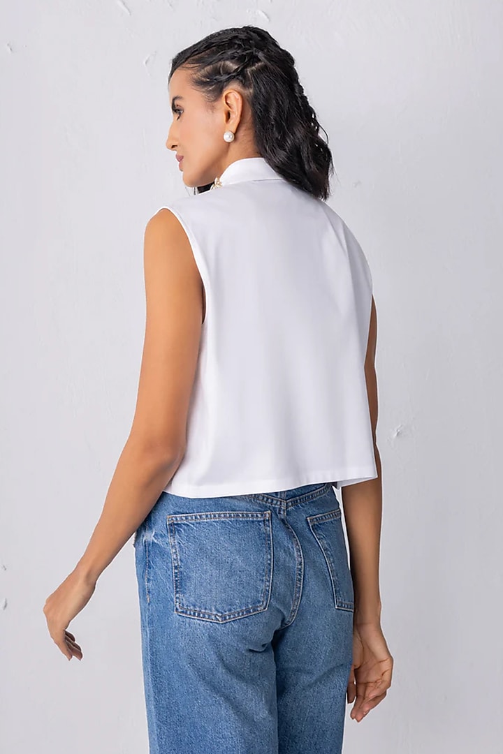 White Cotton Stone Embroidered Cropped Shirt by PEHR ARORA at Pernia's Pop Up Shop