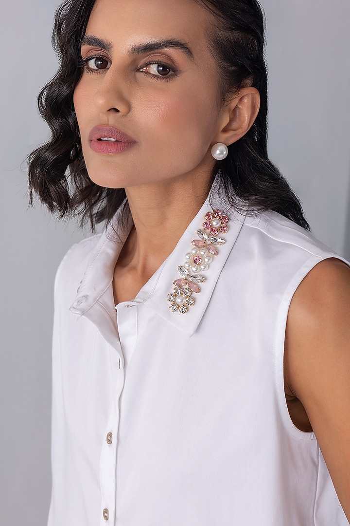 White Cotton Stone Embroidered Cropped Shirt by PEHR ARORA at Pernia's Pop Up Shop