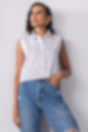 White Cotton Stone Embroidered Cropped Shirt by PEHR ARORA at Pernia's Pop Up Shop