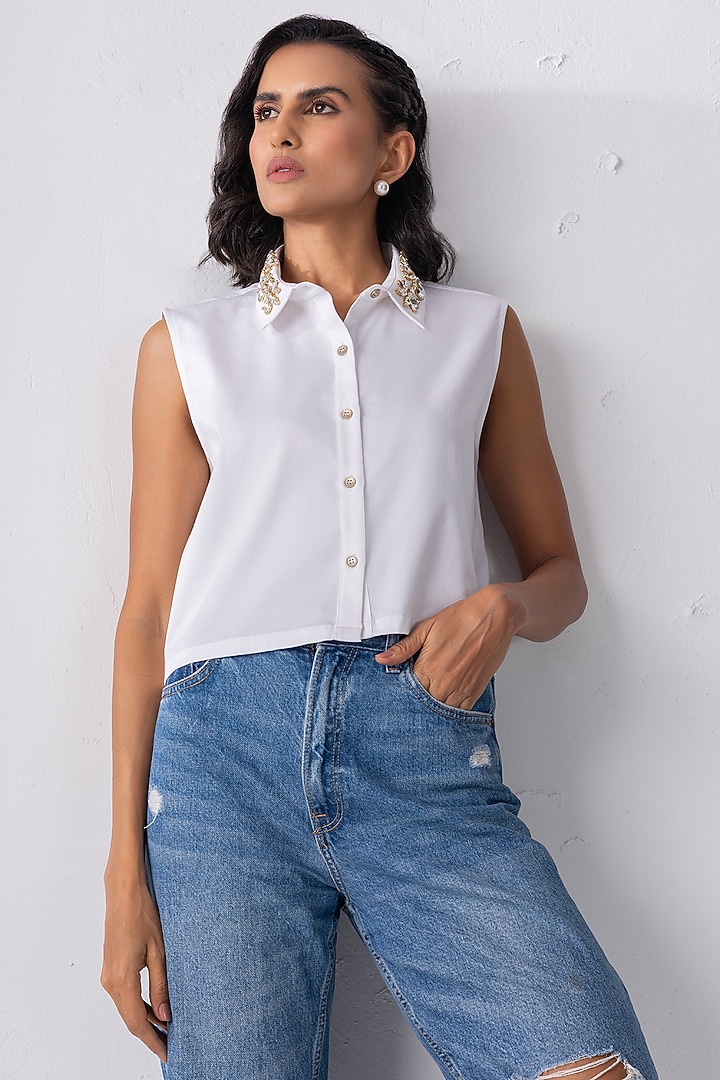 White Cotton Stone Embroidered Cropped Shirt by PEHR ARORA at Pernia's Pop Up Shop