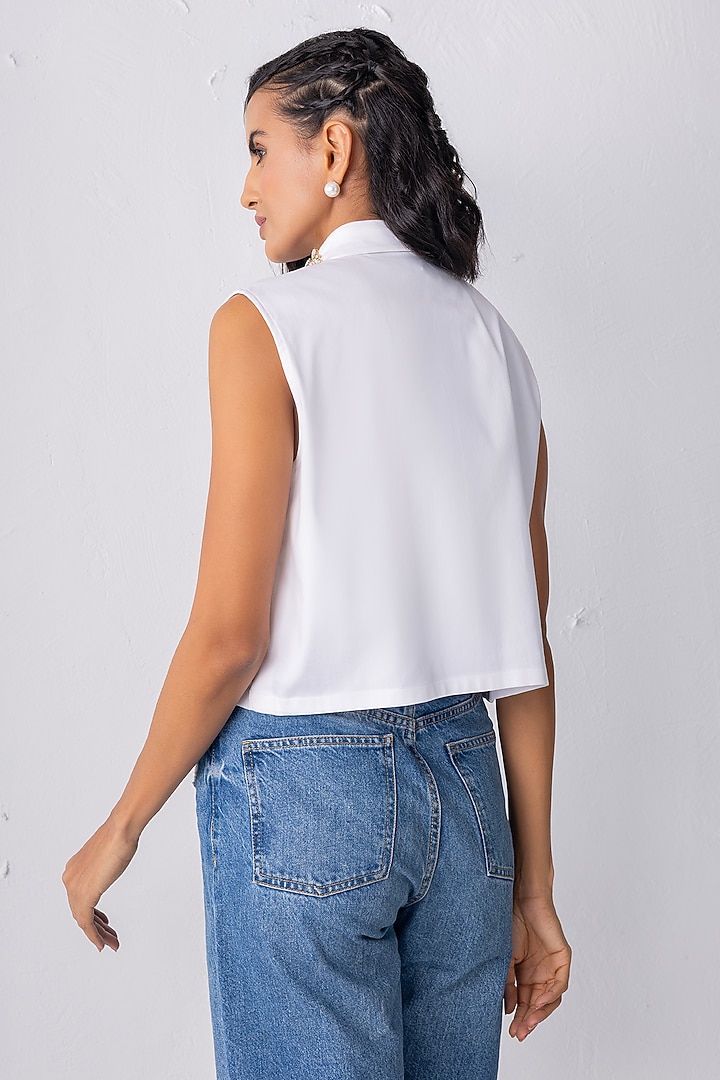 White Cotton Stone Embroidered Cropped Shirt by PEHR ARORA at Pernia's Pop Up Shop