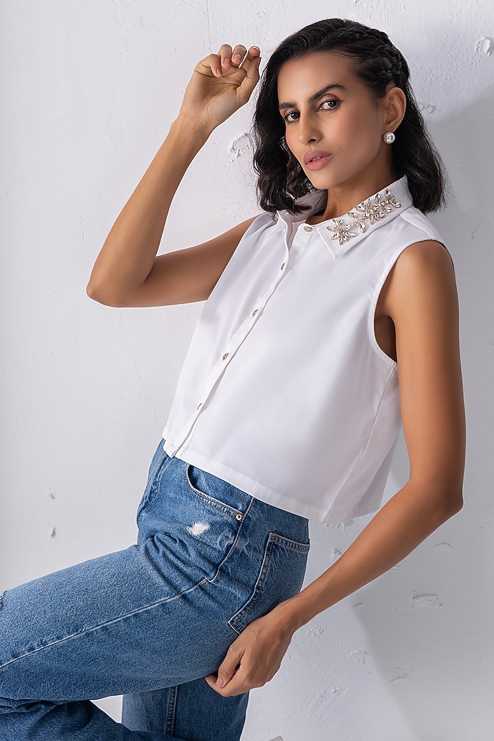 White Cotton Stone Embroidered Cropped Shirt by PEHR ARORA at Pernia's Pop Up Shop