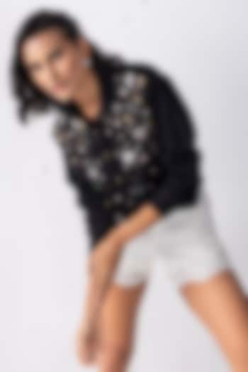 Black Cotton Sequins Embroidered Cropped Shirt by PEHR ARORA at Pernia's Pop Up Shop