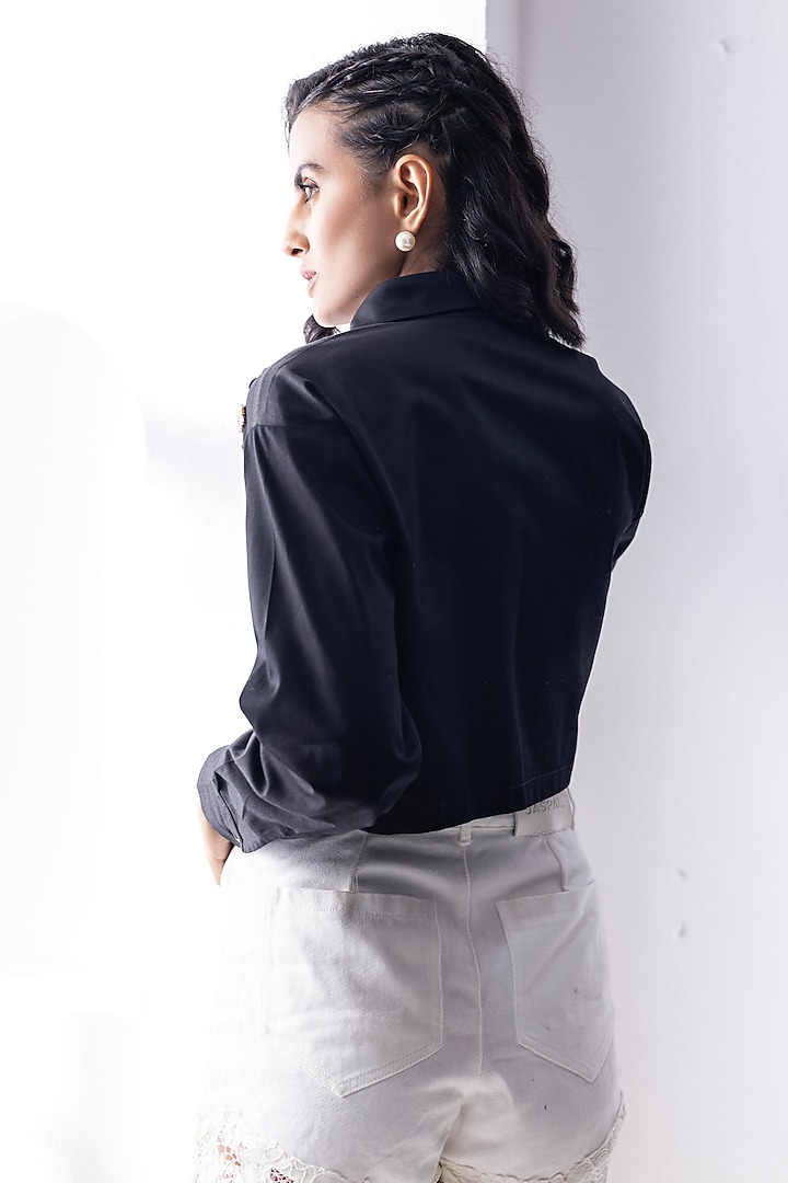 Black Cotton Sequins Embroidered Cropped Shirt by PEHR ARORA at Pernia's Pop Up Shop