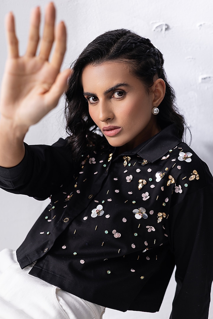 Black Cotton Sequins Embroidered Cropped Shirt by PEHR ARORA at Pernia's Pop Up Shop