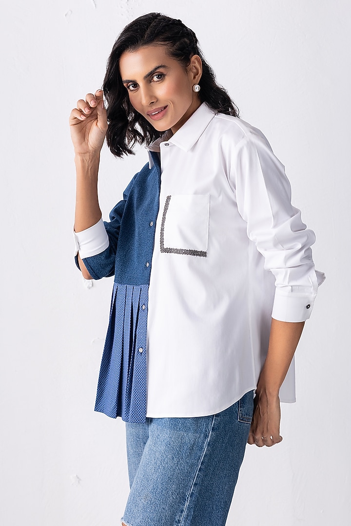White Cotton & Knit Patchwork Shirt by PEHR ARORA at Pernia's Pop Up Shop