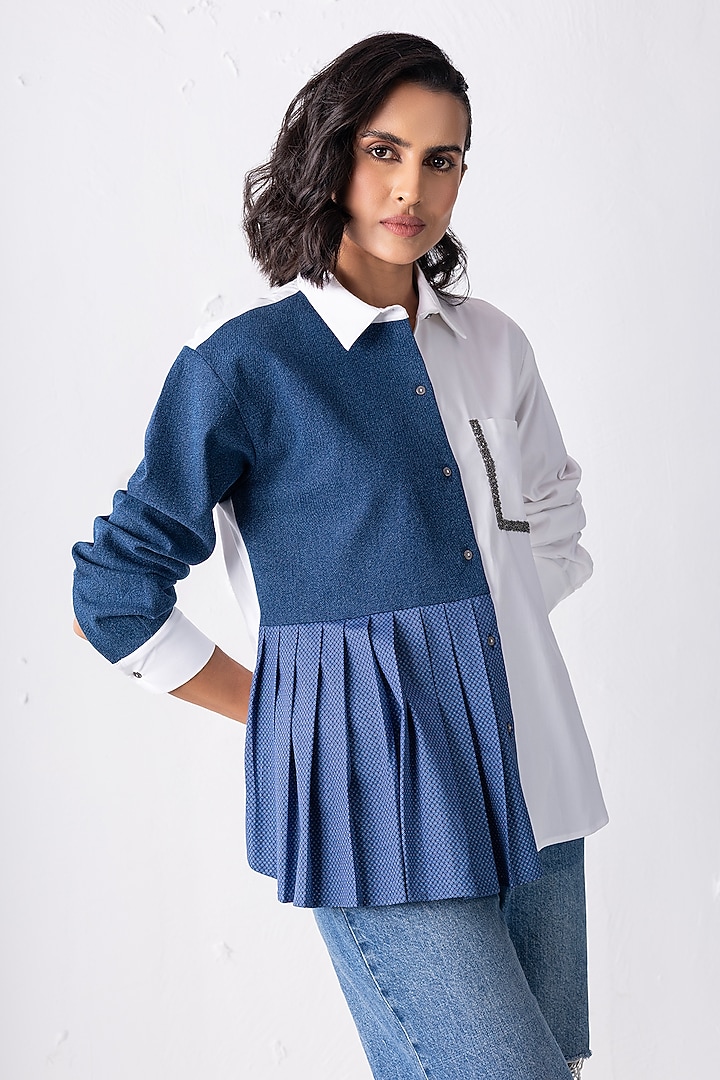 White Cotton & Knit Patchwork Shirt by PEHR ARORA at Pernia's Pop Up Shop