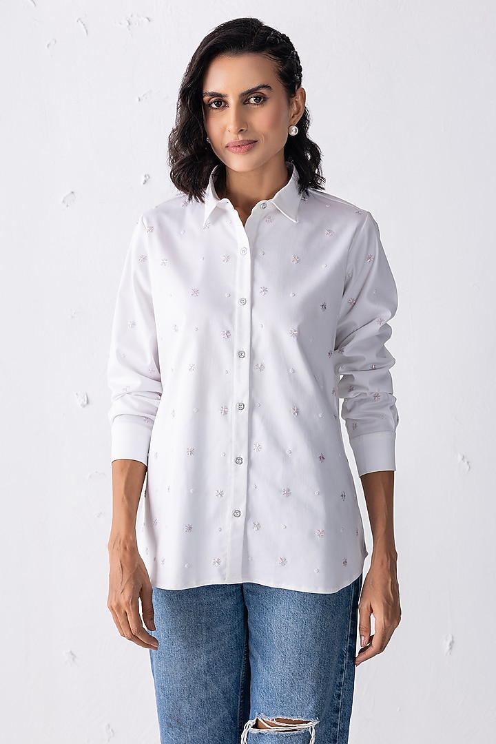 White Cotton Hand Embroidered Shirt by PEHR ARORA at Pernia's Pop Up Shop