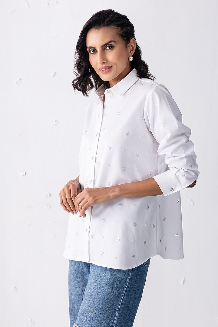 White Cotton Hand Embroidered Shirt by PEHR ARORA at Pernia's Pop Up Shop