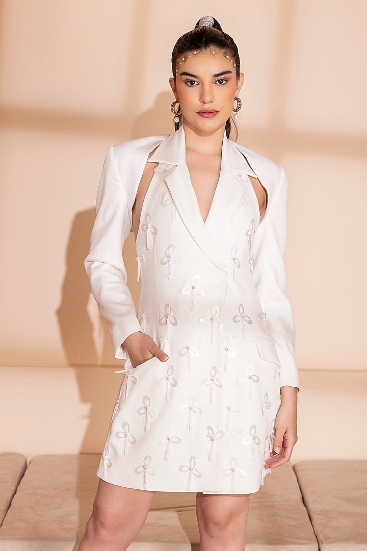 White Banana Crepe Sleeveless Blazer Vacation Dress by PEHR ARORA at Pernia's Pop Up Shop