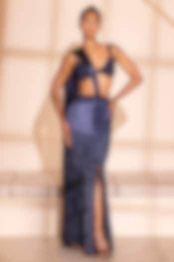 Navy Blue Lido Satin Slit Skirt Wedding Saree Set by PEHR ARORA at Pernia's Pop Up Shop