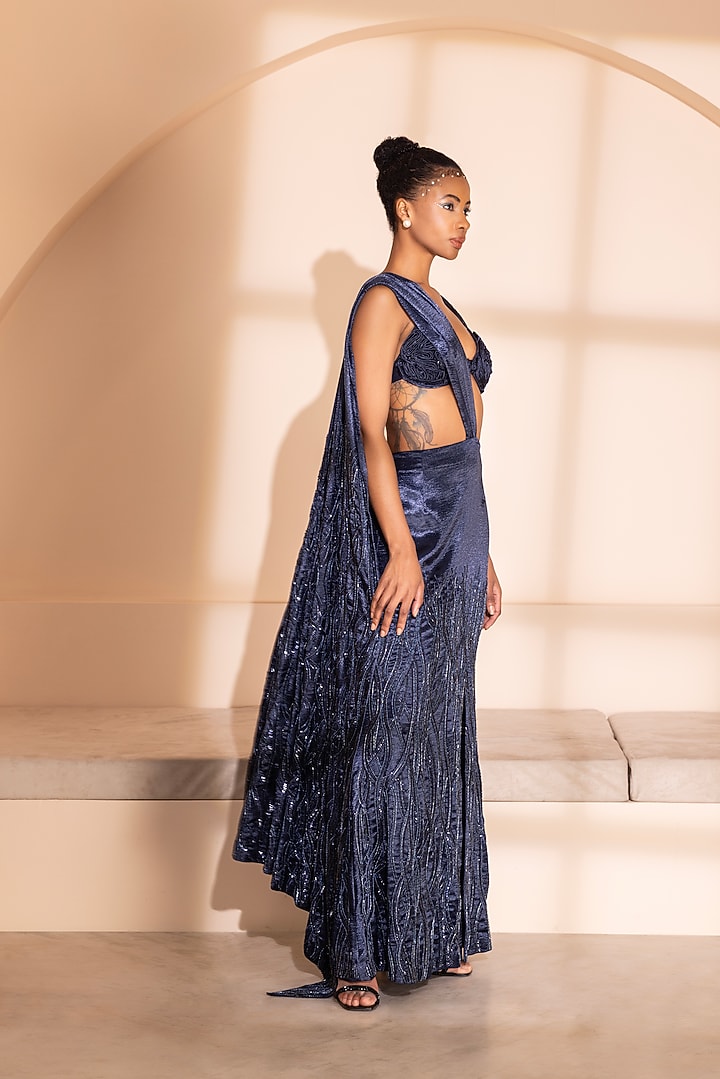 Navy Blue Lido Satin Slit Skirt Wedding Saree Set by PEHR ARORA at Pernia's Pop Up Shop
