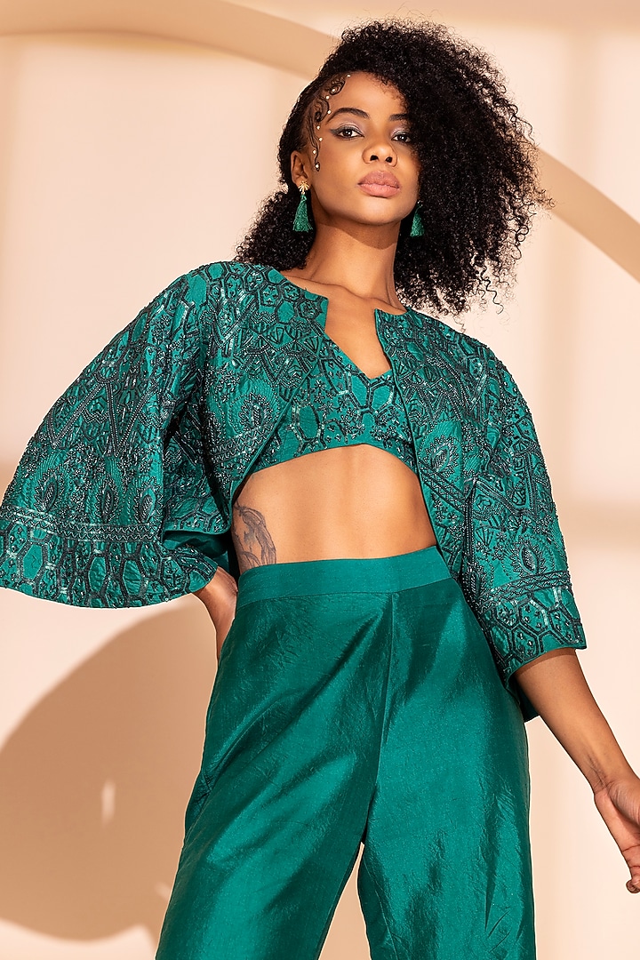 Emerald Green Silk Dupion Cape Set by PEHR ARORA at Pernia's Pop Up Shop
