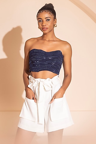 Navy Blue Crepe Hand Embroidered Tube Crop Top by PEHR ARORA