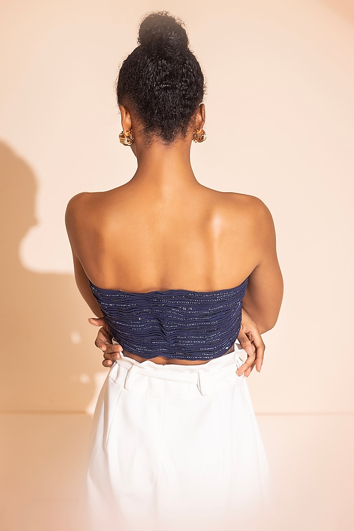 Navy Blue Crepe Hand Embroidered Tube Crop Top by PEHR ARORA at Pernia's Pop Up Shop
