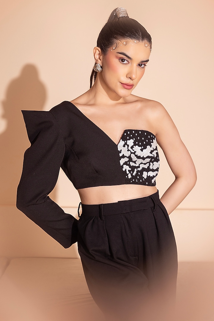 Black Banana Crepe Sequins Embroidered Crop Top by PEHR ARORA at Pernia's Pop Up Shop
