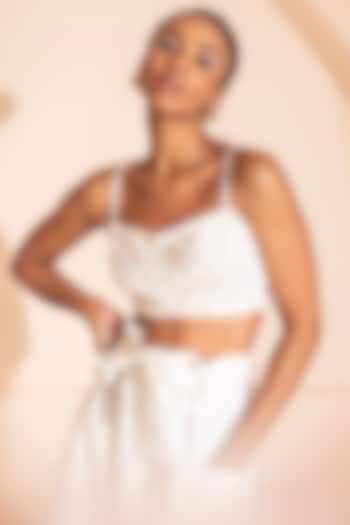 White Satin Pearl Embroidered Crop Top by PEHR ARORA at Pernia's Pop Up Shop