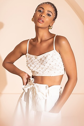 White Satin Pearl Embroidered Crop Top by PEHR ARORA