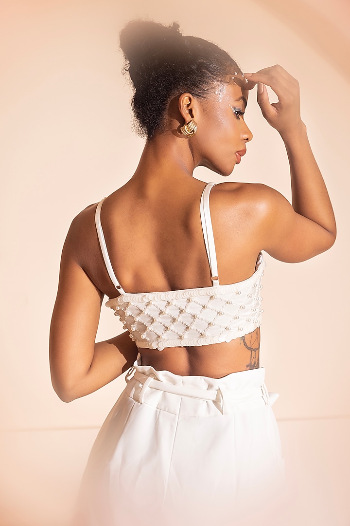 White Satin Pearl Embroidered Crop Top by PEHR ARORA at Pernia's Pop Up Shop