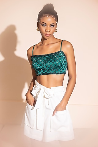 
Emerald Green Satin Pearl Embroiderd Crop Top by PEHR ARORA