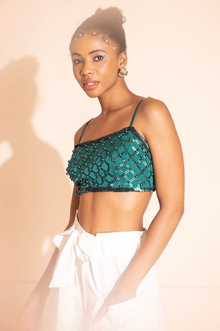 Emerald Green Satin Pearl Embroiderd Crop Top by PEHR ARORA at Pernia's Pop Up Shop