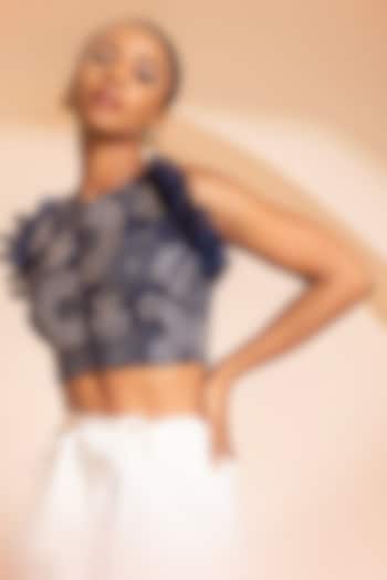 Navy Blue Knit Hand Embroidered Crop Top by PEHR ARORA at Pernia's Pop Up Shop