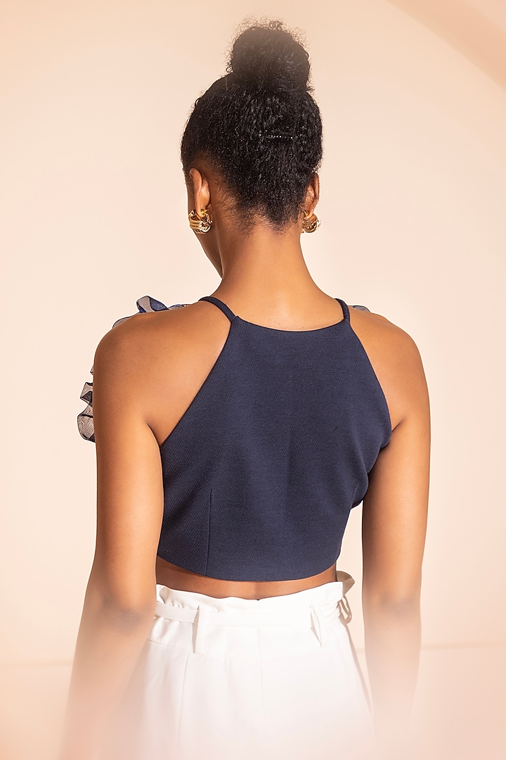 Navy Blue Knit Hand Embroidered Crop Top by PEHR ARORA at Pernia's Pop Up Shop