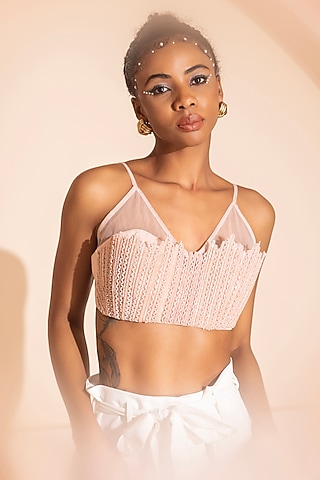 
Nude Pink Net Sequins Embroidered Crop Top by PEHR ARORA