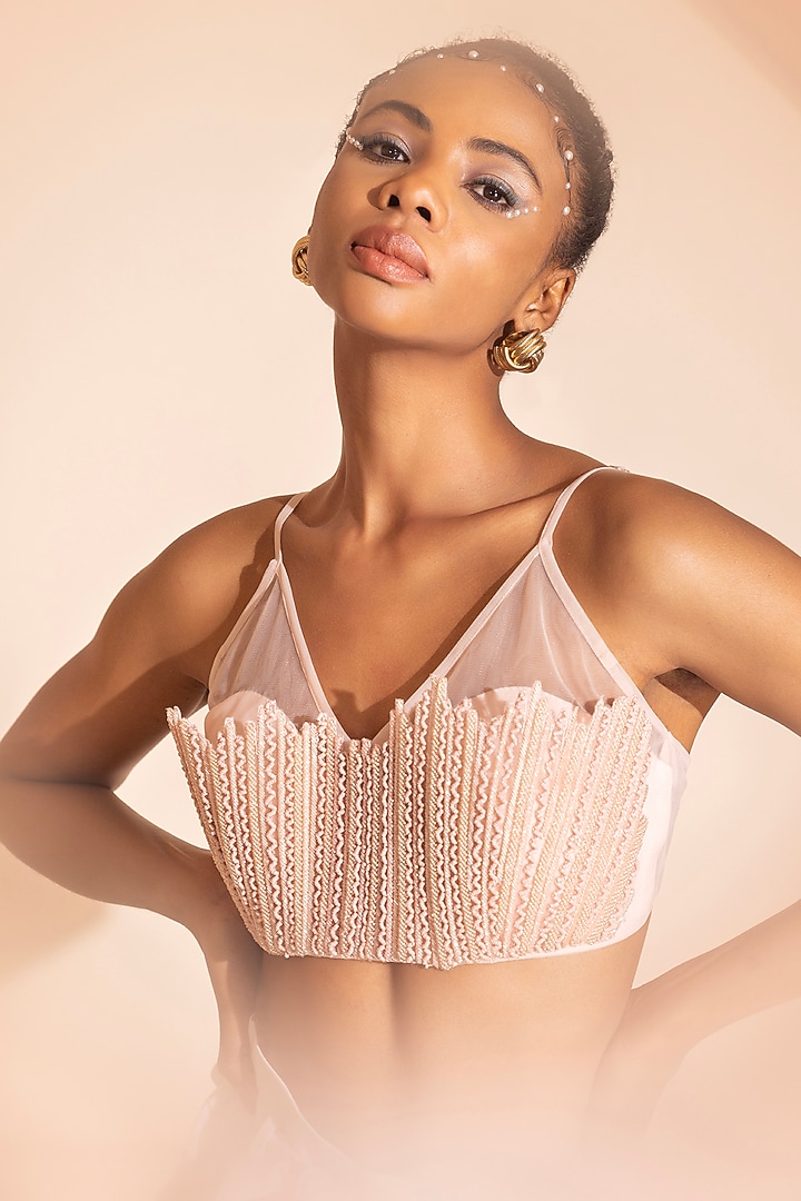 
Nude Pink Net Sequins Embroidered Crop Top by PEHR ARORA at Pernia's Pop Up Shop