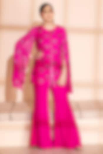 Hot Pink Georgette Sequins Embroidered Jacket Set by PEHR ARORA at Pernia's Pop Up Shop