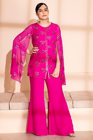 Hot Pink Georgette Sequins Embroidered Jacket Set by PEHR ARORA