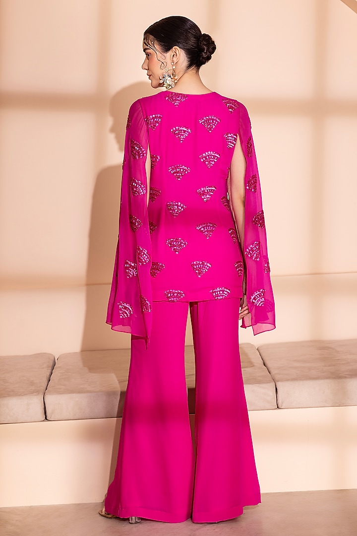 Hot Pink Georgette Sequins Embroidered Jacket Set by PEHR ARORA at Pernia's Pop Up Shop