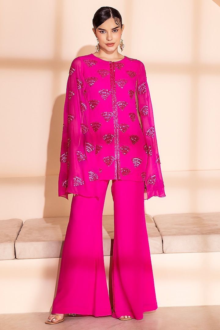 Hot Pink Georgette Sequins Embroidered Jacket Set by PEHR ARORA at Pernia's Pop Up Shop