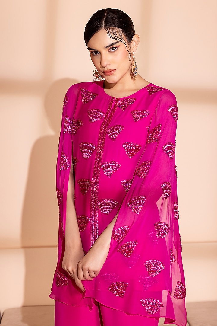 Hot Pink Georgette Sequins Embroidered Jacket Set by PEHR ARORA at Pernia's Pop Up Shop