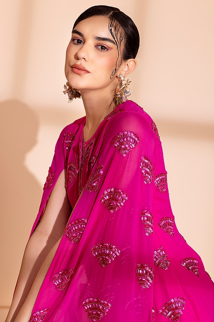 Hot Pink Georgette Sequins Embroidered Jacket Set by PEHR ARORA at Pernia's Pop Up Shop
