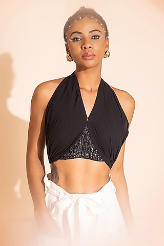 Black Georgette Backless Tie-Up Top by PEHR ARORA