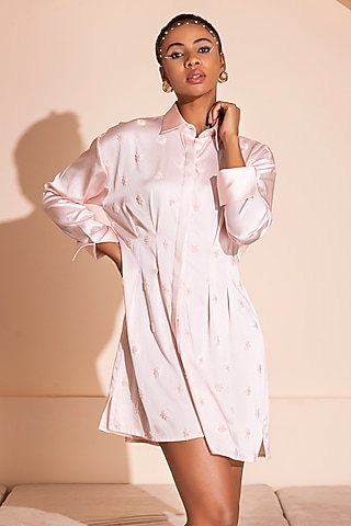 Nude Pink Satin Hand Embroidered Mini A-Line Dress by PEHR ARORA