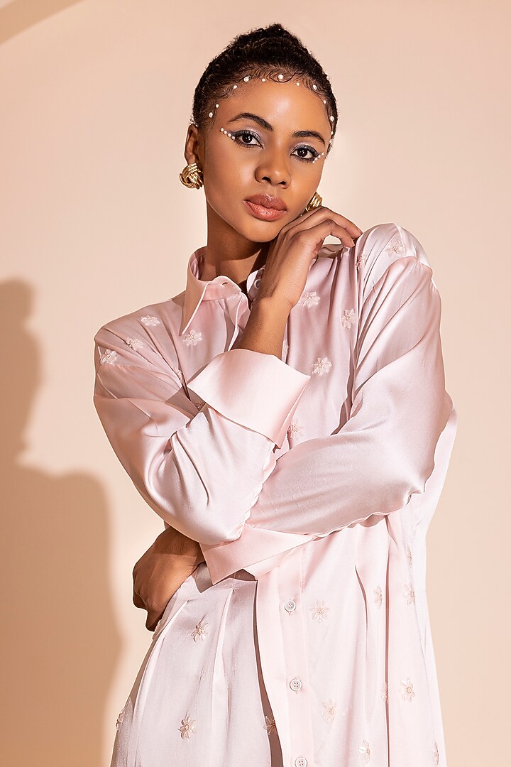 Nude Pink Satin Hand Embroidered Mini A-Line Summer Dress by PEHR ARORA at Pernia's Pop Up Shop