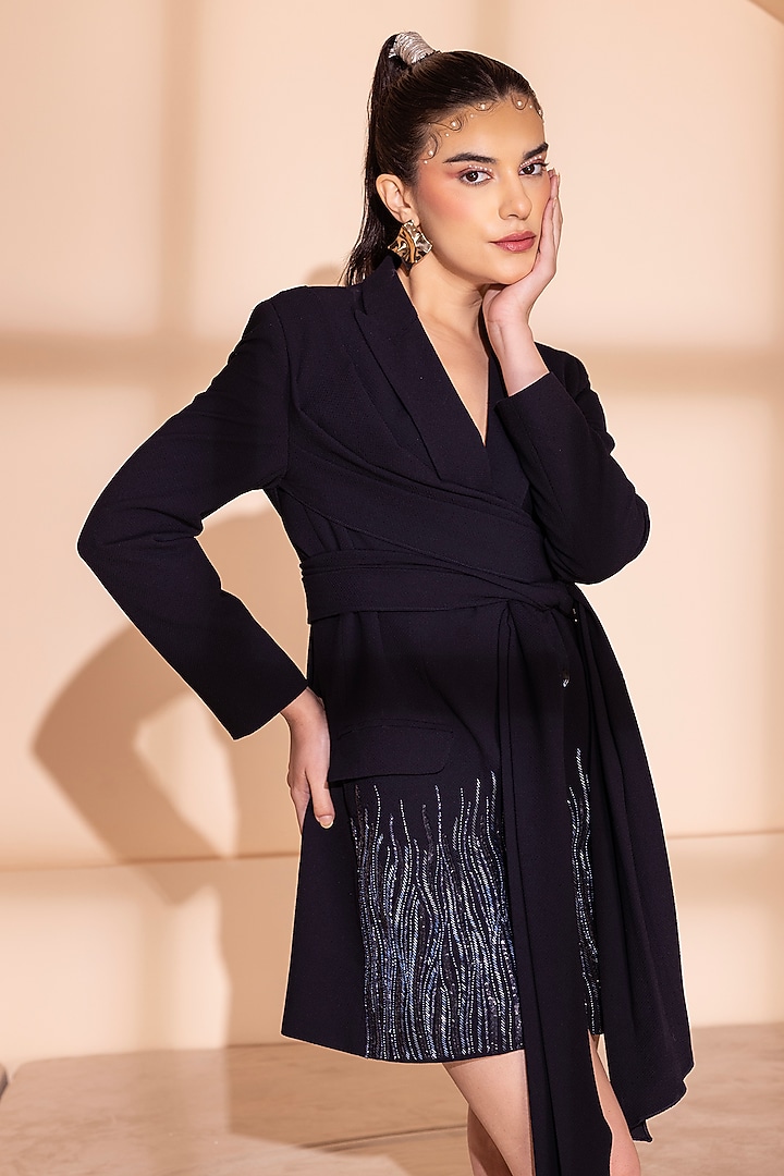 Navy Blue Knit Hand Embroidered Blazer Vacation Dress by PEHR ARORA at Pernia's Pop Up Shop