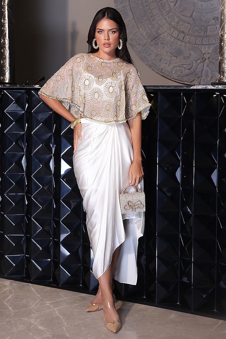 White Organza Sequins Embroidered Cape Set by PEHR ARORA at Pernia's Pop Up Shop