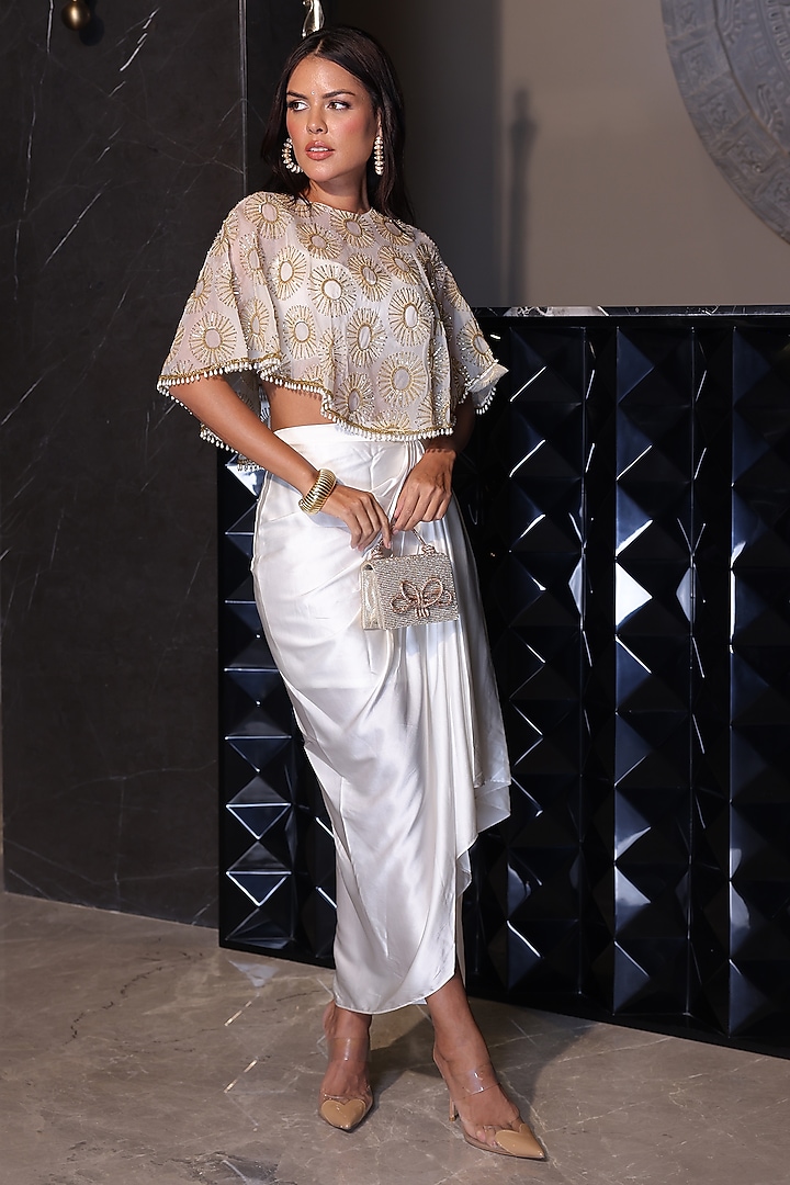 White Organza Sequins Embroidered Cape Set by PEHR ARORA at Pernia's Pop Up Shop