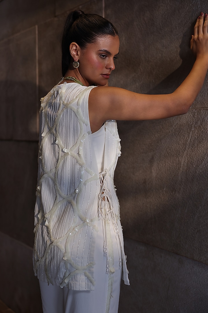 White Crepe Sequins Embroidered Blazer Set by PEHR ARORA at Pernia's Pop Up Shop