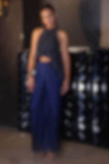 Navy Blue Satin Pleated Skirt Set by PEHR ARORA at Pernia's Pop Up Shop